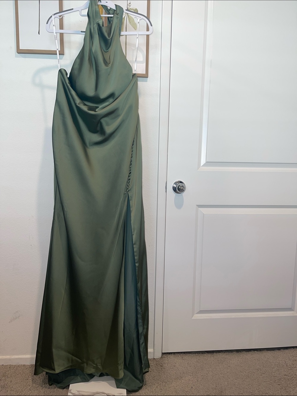 Olive Green Satin High-Slit Maxi Skirt